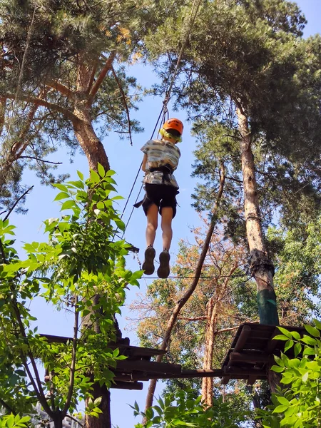 Niño Bajará Por Tirolina Del Parque Cuerdas — Foto de Stock