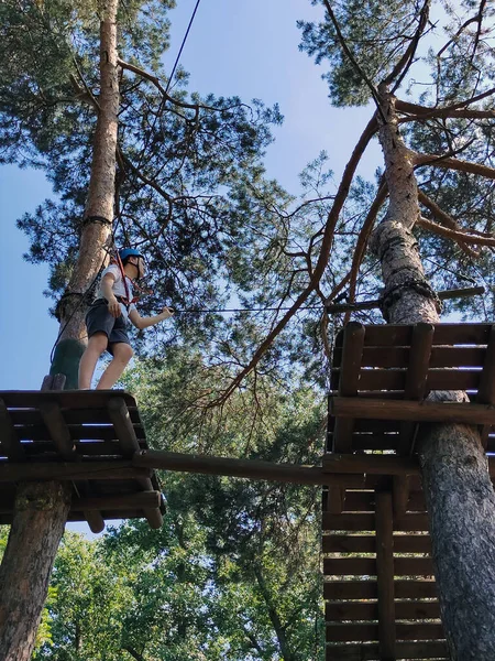 Adolescente Está Parado Una Plataforma Madera Árbol Parque Cuerdas Con — Foto de Stock