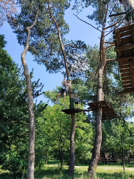 İki genç çocuk, bir halat parkındaki ağaçta, tahta bir palette güvenlik cephanesi ve kasklarıyla dikiliyorlar. Fotoğraf aşağıdan.