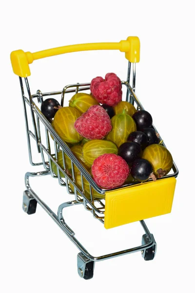 Raspberries Gooseberries Currants Stacked Small Miniature Toy Cart Photographed White — Stok fotoğraf