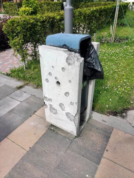 Decorative Trash Can City Park Bullet Holes Result Military Operations — Photo