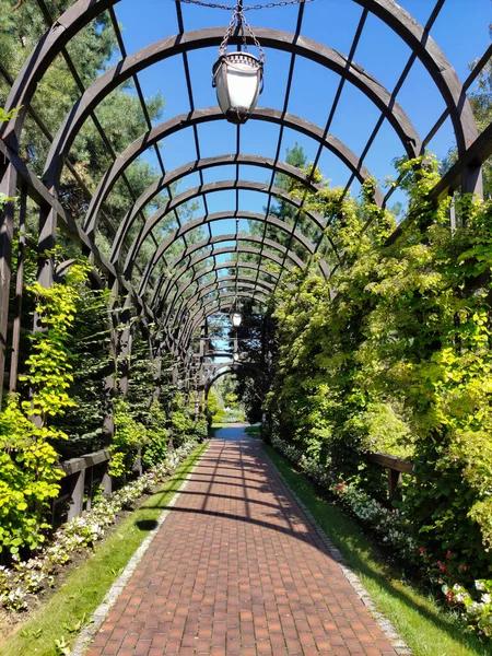 Dekorativer Hölzerner Bogentunnel Stadtpark Ein Hölzerner Bogen Mit Hängenden Laternen — Stockfoto