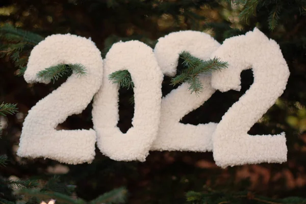 Jul bakgrund med siffrorna 2022 på bakgrunden av gran grenar. Nyår och jul koncept, banner. — Stockfoto