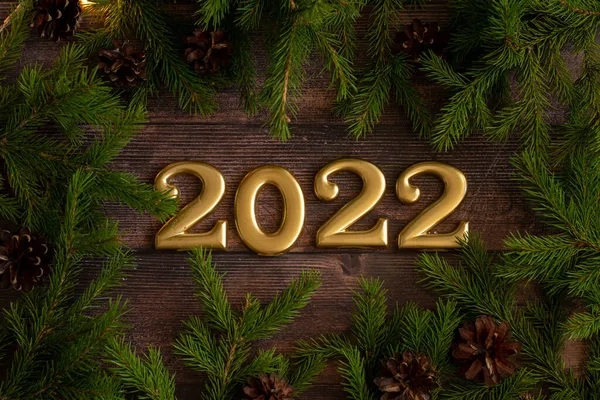 Juldekoration på en trä bakgrund, gran grenar med kottar och med siffrorna 2022. Högst upp. Ort för text — Stockfoto