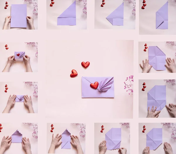 Diy konsepti. Adım 1-12. Adım adım fotoğraf talimatları. Sevgililer Günü için içinde çiçek olan bir kartpostal.