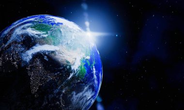 planet earth images view from space with sun rays from the edge of the world. Concept images of science and astronomy from outer space and stars in space. 3D rendering.