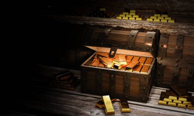 Gold bars or ingot are placed in a treasure chest. The treasure box is made of old rusty metal wood, there is a treasure inside is a gold bar. The most popular assets in the collection of investors. 3D rendering.