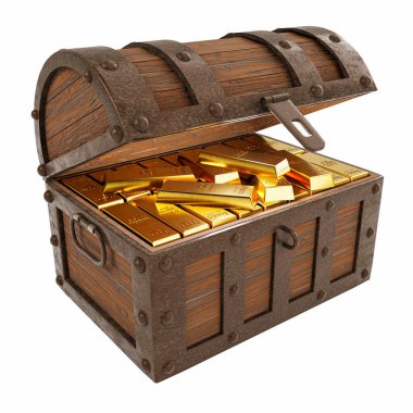 Gold bars or ingot are placed in a treasure chest. The treasure box is made of old rusty metal wood, there is a treasure inside is a gold bar. The most popular assets in the collection of investors. 3D rendering.