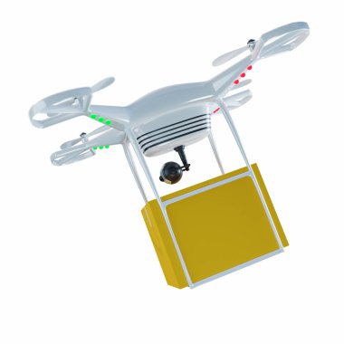 Beyaz bir 4 pervaneli dron paket teslimatı için uçuyor. İnsansız hava araçlarıyla paket taşıma teknolojisi. Clipping yolu ile beyaz arkaplanda izole