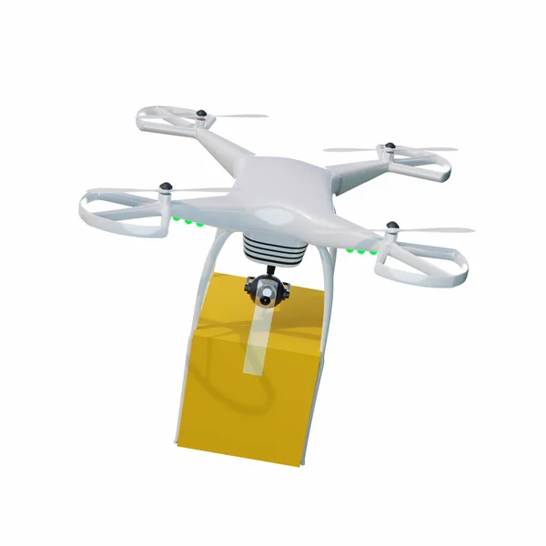 A white 4-propeller drone is flying to deliver parcels. Parcel delivery technology with drones. Isolated on white background with Clipping path