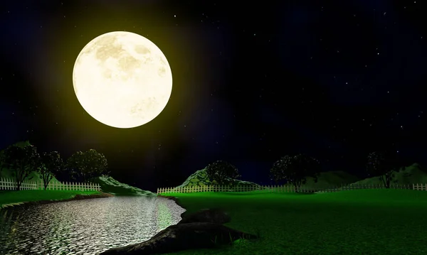 Full Moon Sky Stars Meadows Canals Rivers Full Moon Night — Φωτογραφία Αρχείου