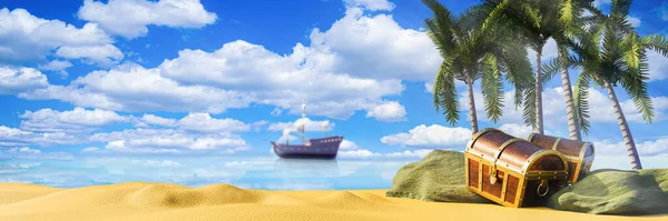 boxes or treasure chests. wooden treasure chest put on the beach at a deserted island in the theme of Pirate treasure. 3D rendering