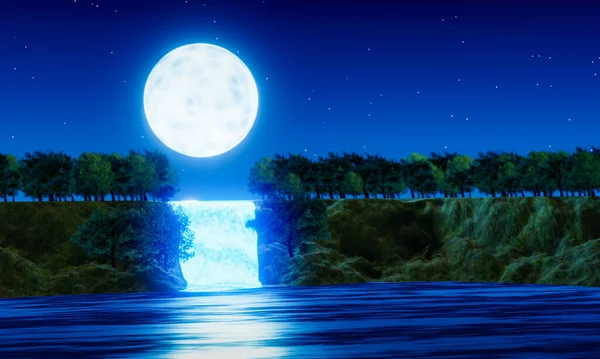 Waterfall Cliff Full Moon Night Blue Tone Forest Nature Mountains 로열티 프리 스톡 사진