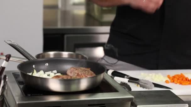 Chef Cooking Meat Kitchen — Stock Video