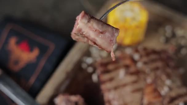 Vista Cerca Deliciosa Carne Parrilla — Vídeos de Stock