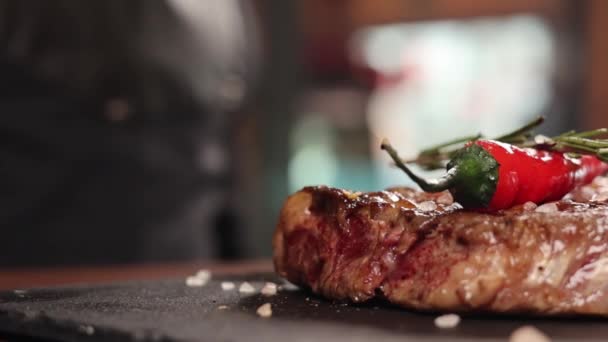 Chef Black Gloves Prepares Steak — Stock Video