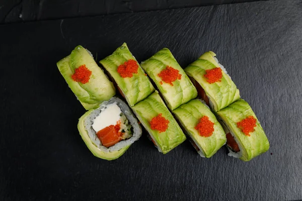 Sushi Roll Salmon Avocado Black Background — Stock Photo, Image