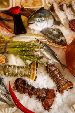 Dondurulmuş taze balık ve buzlu deniz ürünleri.