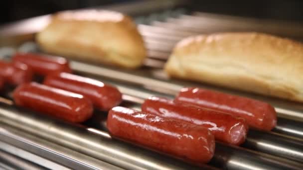 Der Koch Bereitet Hot Dogs Mit Grillwürsten — Stockvideo