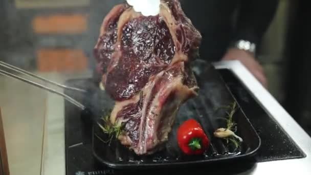 Chef Prepares Large Steak Kitchen — Stock Video
