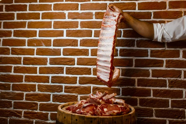 Carne Crua Cozinha Restaurante — Fotografia de Stock