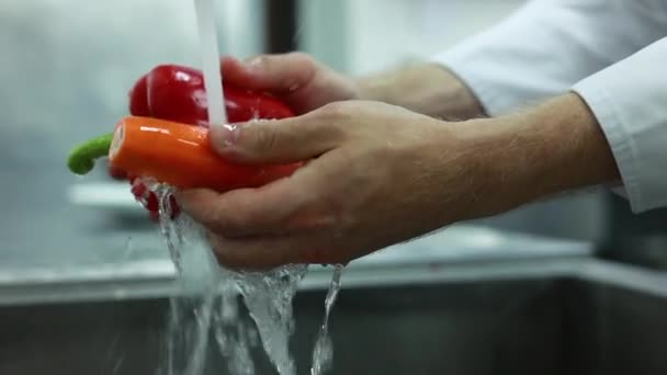 Homem Lavando Pia Cozinha Com Legumes Frescos — Vídeo de Stock