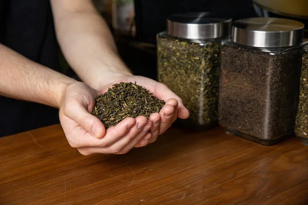 Dry tea in the hands of a man