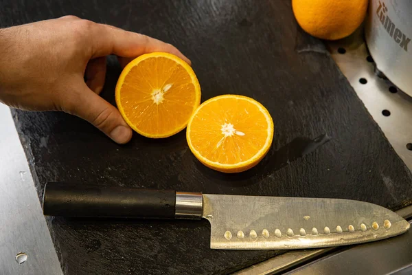 Cutting Board Knife Sliced Oranges — Stock Fotó