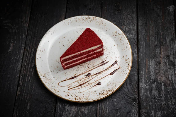Chocolate Cake Cream Piece Red Velvet Wooden Background — Foto de Stock