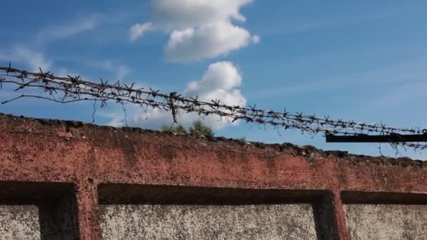 Concrete Wall Barbed Wire Blue Sky Background — Stock Video