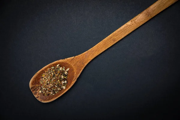 Wooden Spoon Salt Spices Dark Background — ストック写真