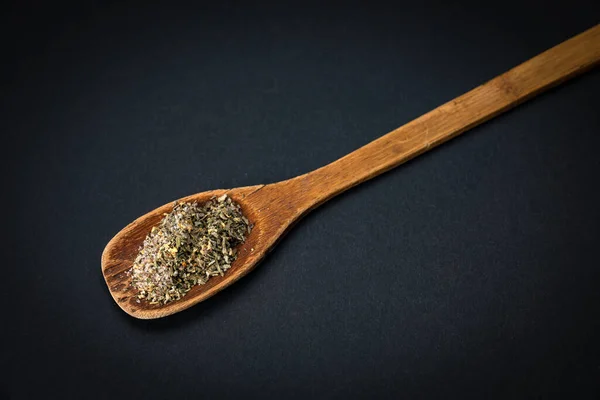 Wooden Spoon Salt Spices Dark Background — Stock Photo, Image