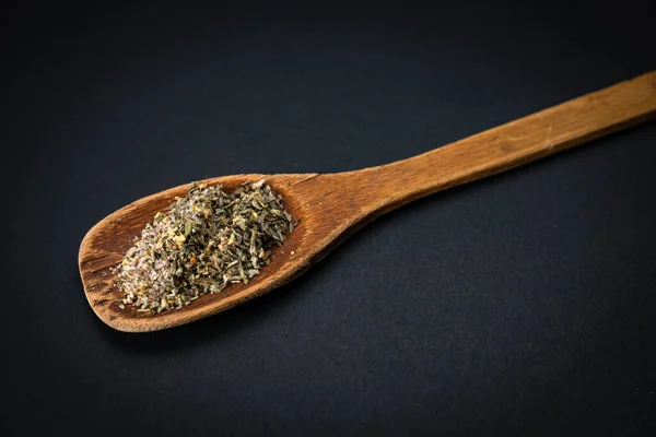 Wooden Spoon Salt Spices Dark Background — ストック写真