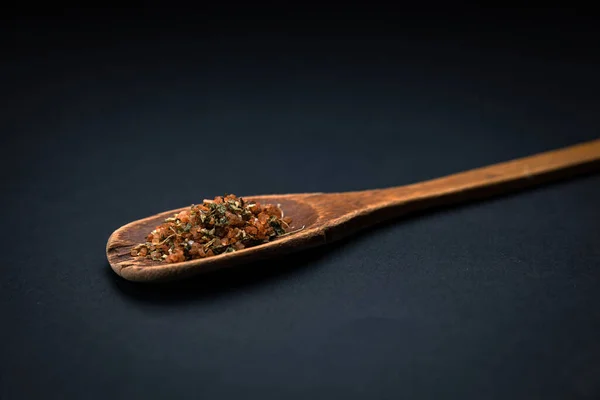 Wooden Spoon Salt Spices Dark Background — Fotografia de Stock