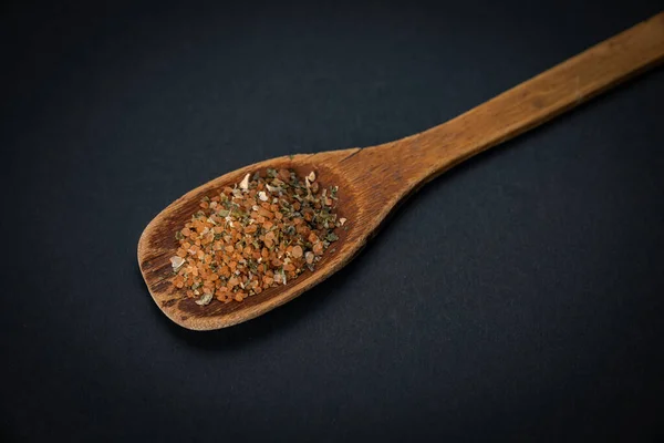 Wooden Spoon Salt Spices Dark Background — ストック写真