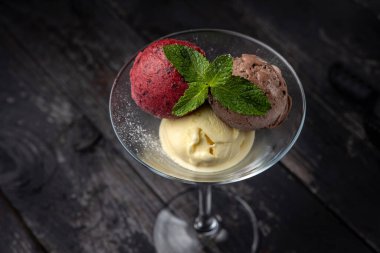 ice cream with chocolate and mint on a dark background.