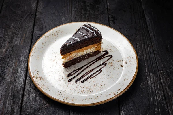 Chocolate Cake Cream Nuts White Plate — Stock Photo, Image