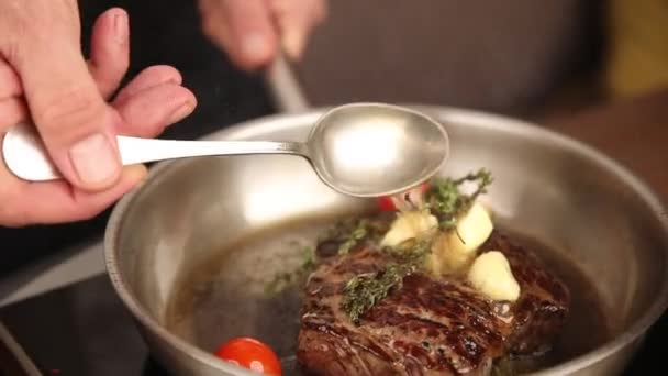 Chef Cooks Steak Frying Pan — Vídeos de Stock