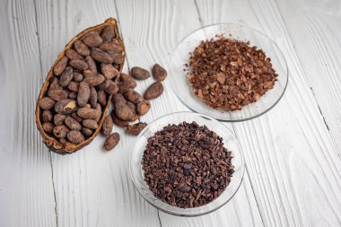 cocoa beans as background. Cocoa products