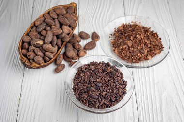 cocoa beans as background. Cocoa products