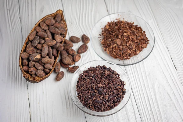 cocoa beans as background. Cocoa products
