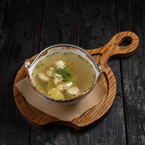 Sopa Pollo Casera Con Croutons Perejil — Foto de Stock