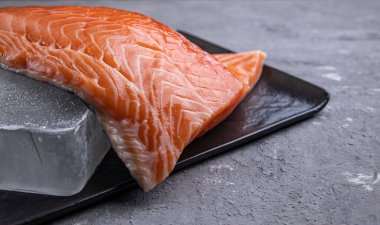 Buzlu somon filetosu, gri arkaplanda.