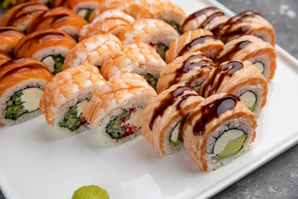 Delicious sushi, a set of rolls with tuna, salmon. Japanese cuisine