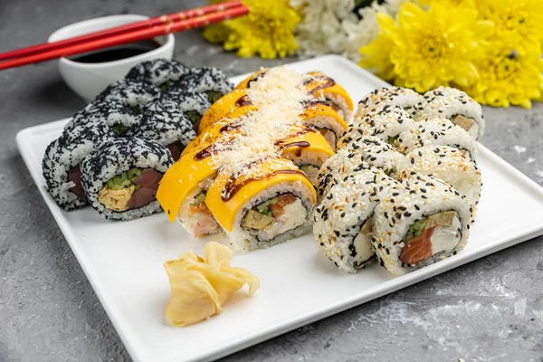 Delicious sushi, a set of rolls with tuna, salmon. Japanese cuisine