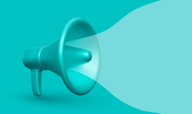 Sosyal medya pazarlama kavramı için baloncuklu 3D gerçekçi plastik megafon. Vektör illüstrasyonu.