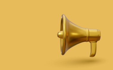 3D gerçekçi altın megafon pazarlama konsepti. Vektör illüstrasyonu.