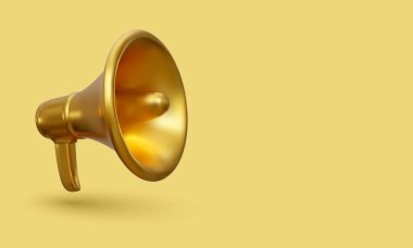 3D gerçekçi altın megafon pazarlama konsepti. Vektör illüstrasyonu.