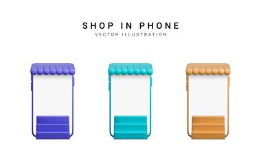 Telefonunda beyaz arka planda 3D renkli gerçekçi mağaza seti var. Vektör illüstrasyonu.