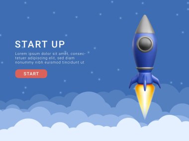 Başlangıç sayfası için kavram. 3D roket uzaya uçuyor. Vektör illüstrasyonu.